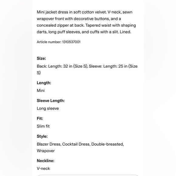 H&M NWT velvet velour/faux suede blazer mini dress, embellished bedded buttons - Picture 8 of 9
